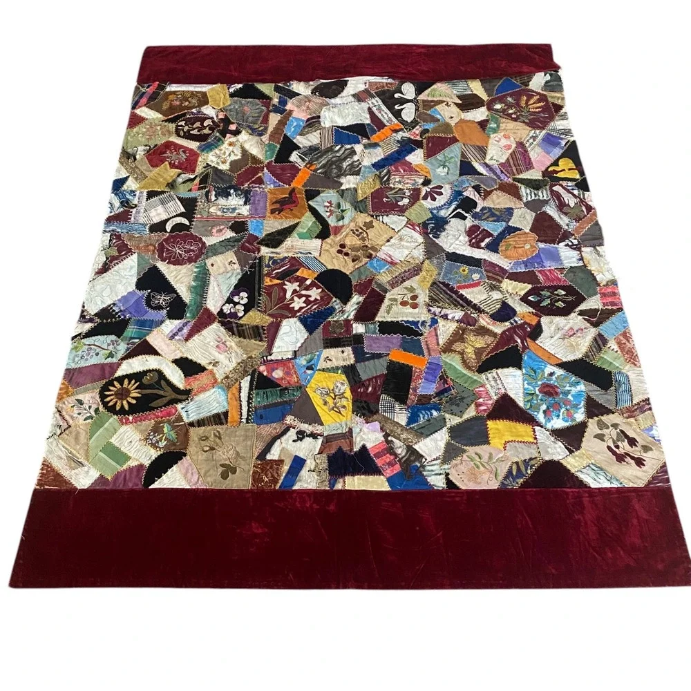 Antique Victorian Crazy Quilt Hand Embroidered Silk Velvet Patchwork Red Damaged